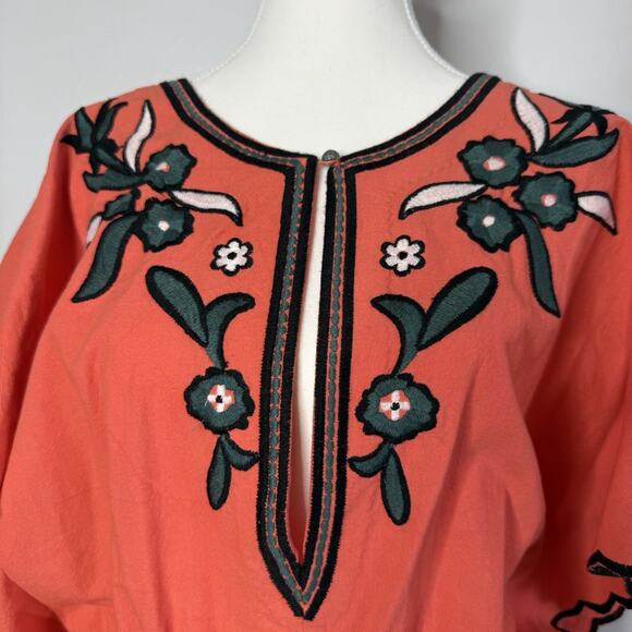 Free People Sophia Embroidered Romper Coral Orange Boho Floral Scalloped Large - Picture 3 of 15